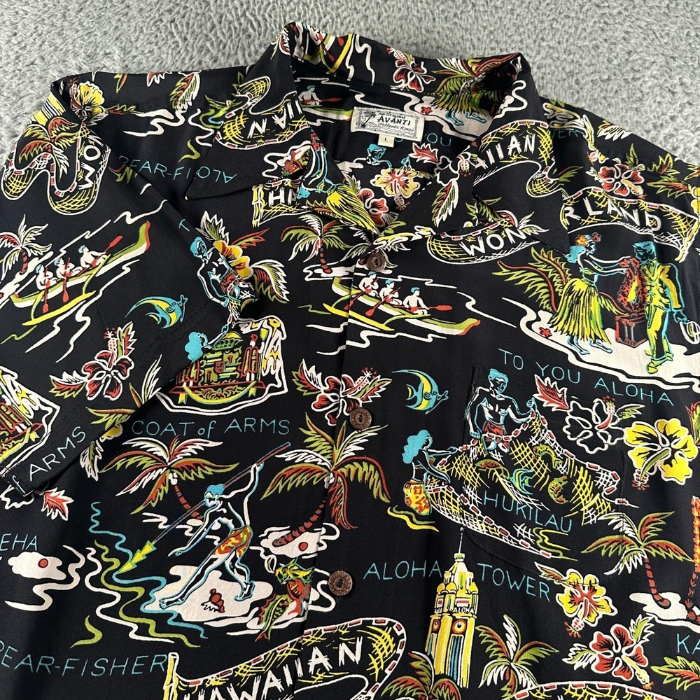 Avanti Hawaiian Shirt Mens L Black Womens Wonderland 100% Silk Camp Loop‎ Collar